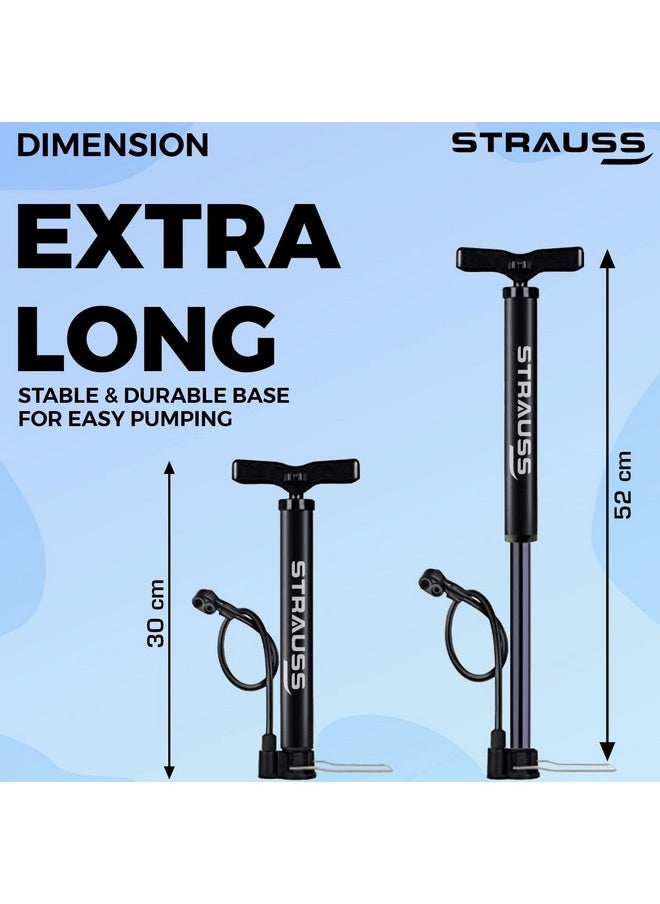 Strauss Bicycle Air Pump with Needle & Dual Valve | 30 CM Long | Portable Pump with 2 Modes, Ideal for Inflating Bicycle, Swimming Rings | Sturdy Base & Ergonomic Handle, (Black)