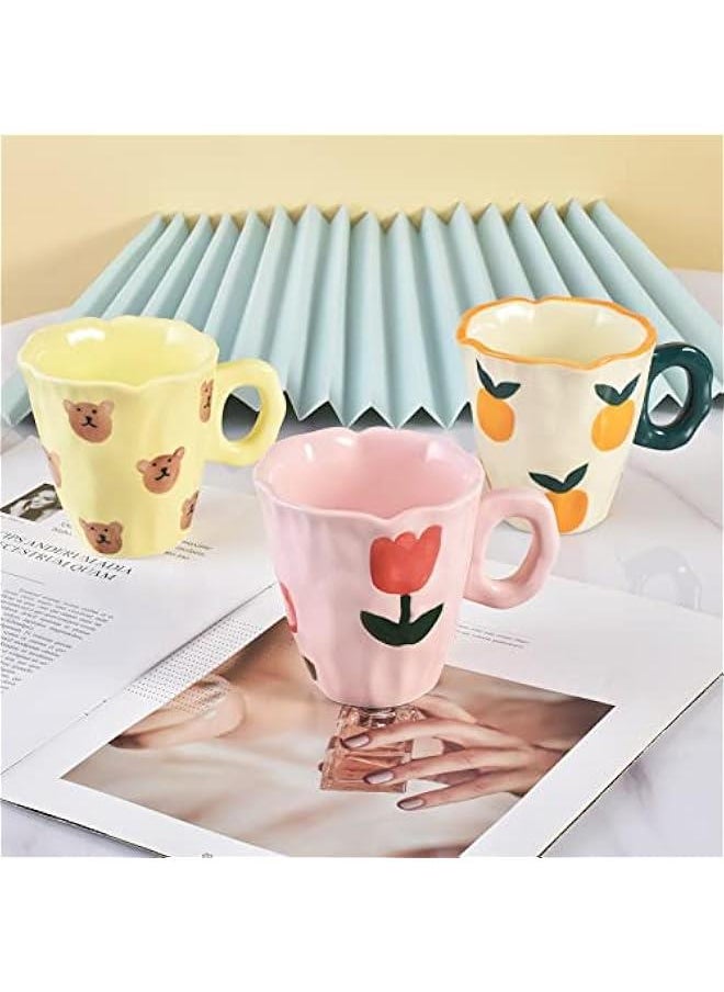 Ceramic Coffee Mug, Hand-painted Irregular Novelty Coffee Cup for Office and Home, Dishwasher and Microwave Safe, 10 oz/300 ml for Latte Tea Milk (Pink Tulips)