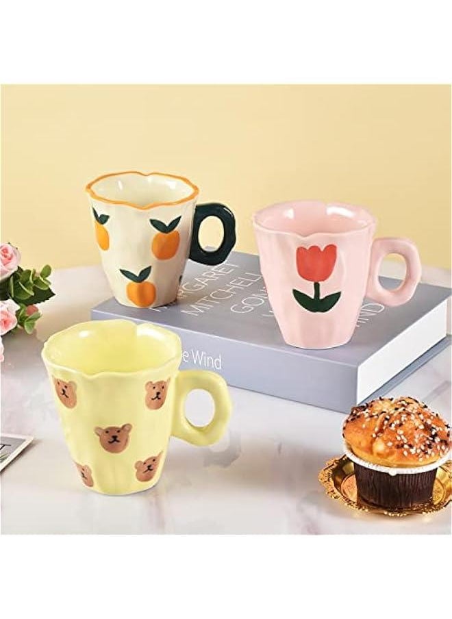 Ceramic Coffee Mug, Hand-painted Irregular Novelty Coffee Cup for Office and Home, Dishwasher and Microwave Safe, 10 oz/300 ml for Latte Tea Milk (Pink Tulips)