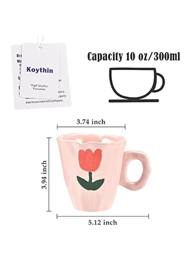 Ceramic Coffee Mug, Hand-painted Irregular Novelty Coffee Cup for Office and Home, Dishwasher and Microwave Safe, 10 oz/300 ml for Latte Tea Milk (Pink Tulips)