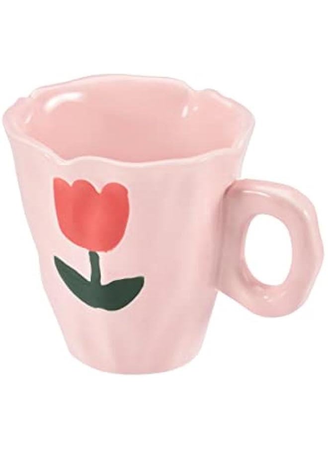 Ceramic Coffee Mug, Hand-painted Irregular Novelty Coffee Cup for Office and Home, Dishwasher and Microwave Safe, 10 oz/300 ml for Latte Tea Milk (Pink Tulips)