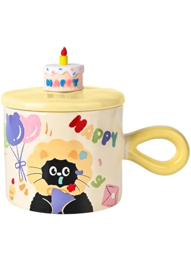 Ceramic Coffee Mugs, 10.5 oz/320 ml Coffee Cups with Cake Lids for Latte Hot Tea Cocoa, Cute Yellow Cat Mug to Women Mom Girlfriend (Yellow Cat)