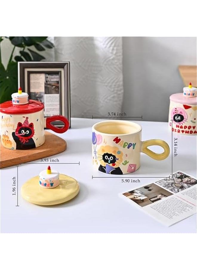 Ceramic Coffee Mugs, 10.5 oz/320 ml Coffee Cups with Cake Lids for Latte Hot Tea Cocoa, Cute Yellow Cat Mug to Women Mom Girlfriend (Yellow Cat)