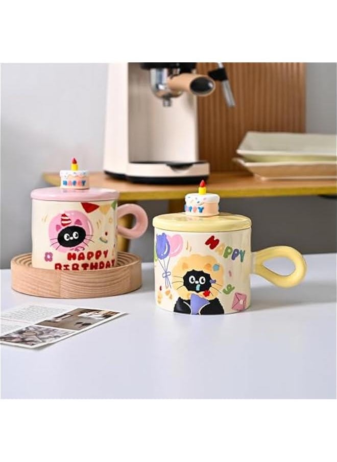 Ceramic Coffee Mugs, 10.5 oz/320 ml Coffee Cups with Cake Lids for Latte Hot Tea Cocoa, Cute Yellow Cat Mug to Women Mom Girlfriend (Yellow Cat)