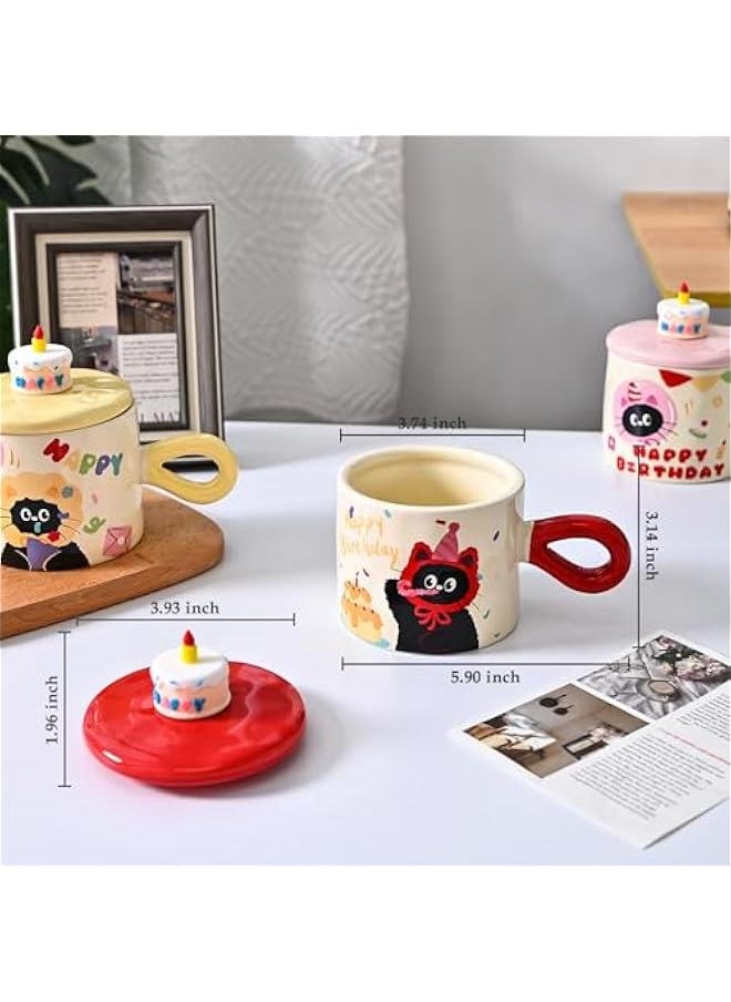 Ceramic Coffee Mugs, 10.5 oz/320 ml Coffee Cups with Cake Lids for Latte Hot Tea Cocoa, Cute Red Cat Mug to Women Mom Girlfriend (Red Cat)