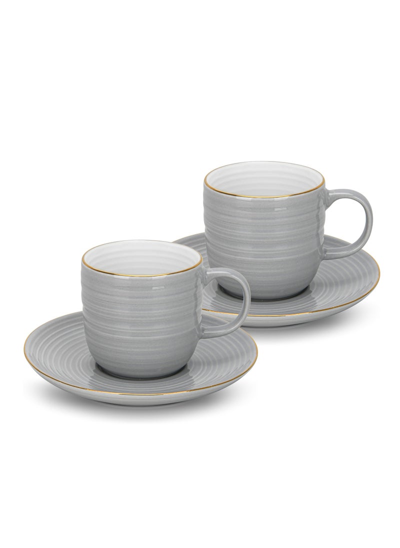 2-Piece Tea Cups with Saucer 180mL , Porcelain Firmina Series, Glossy-Finish New Bone China with Elegant Golden Rims And Non-Slip Bottom (Gray)