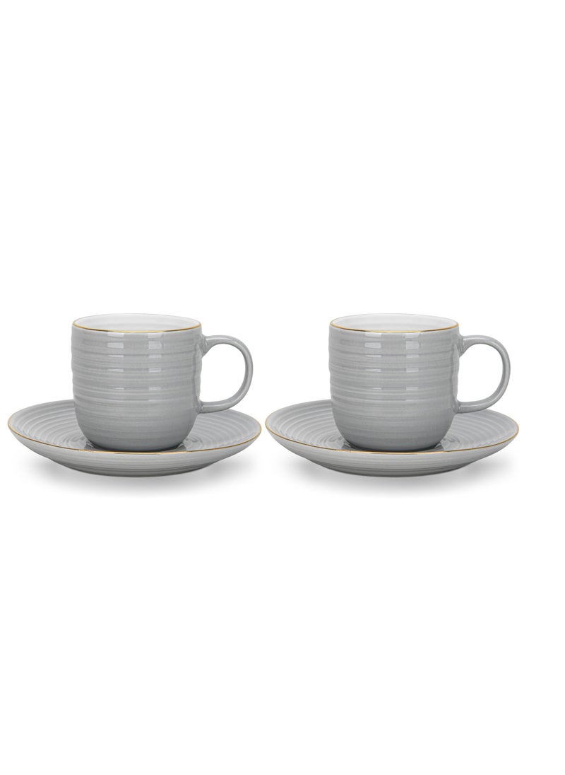 2-Piece Tea Cups with Saucer 180mL , Porcelain Firmina Series, Glossy-Finish New Bone China with Elegant Golden Rims And Non-Slip Bottom (Gray)