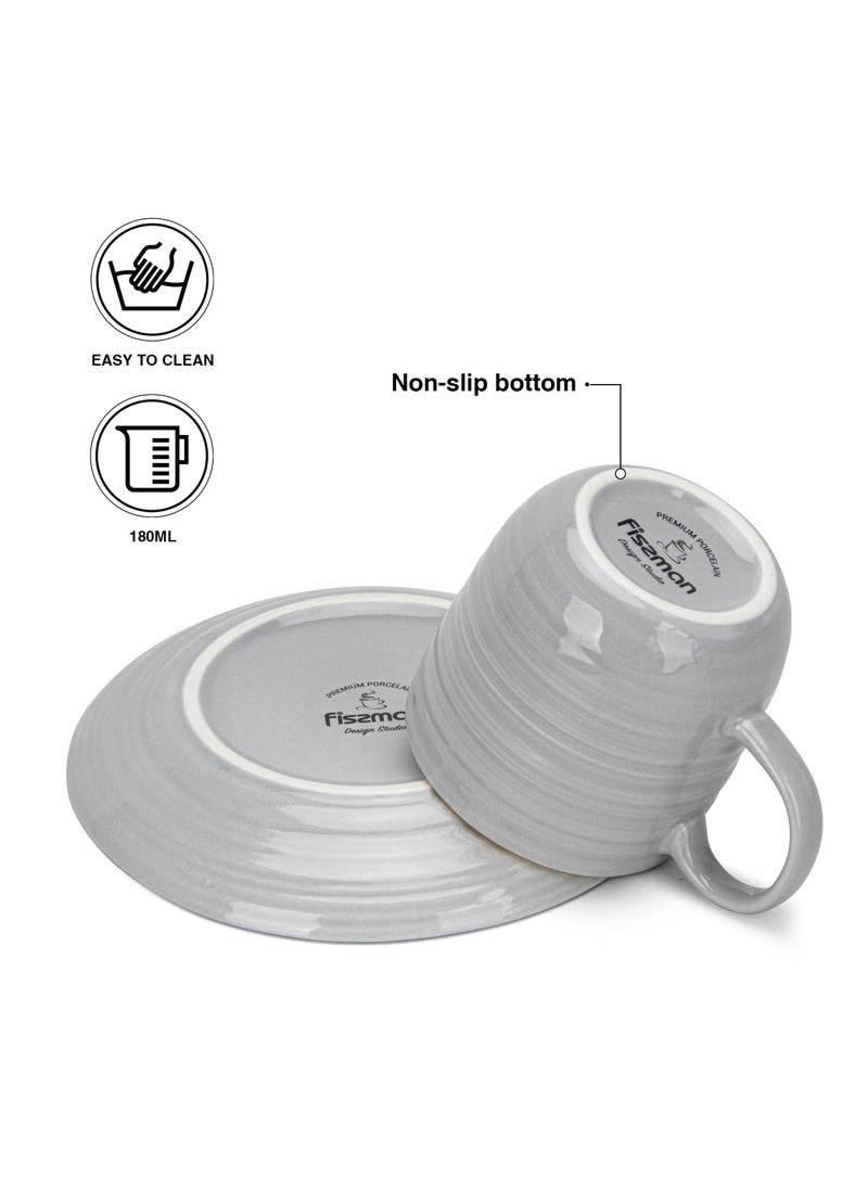 2-Piece Tea Cups with Saucer 180mL , Porcelain Firmina Series, Glossy-Finish New Bone China with Elegant Golden Rims And Non-Slip Bottom (Gray)