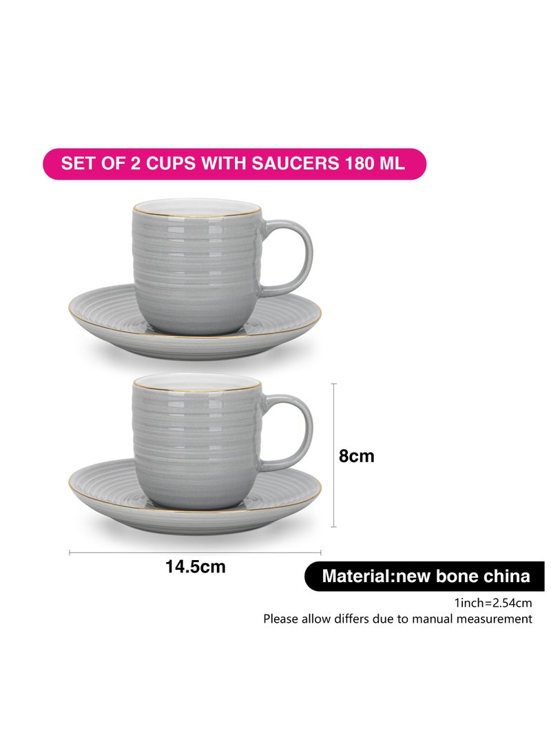 2-Piece Tea Cups with Saucer 180mL , Porcelain Firmina Series, Glossy-Finish New Bone China with Elegant Golden Rims And Non-Slip Bottom (Gray)