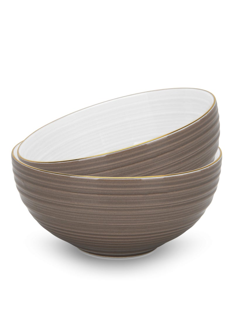 2-Piece Soup Bowl 620mL, Ceramic Bowls 14.5cm Firmina Series, Elegant Golden Rim Bowls, New Bone China Smooth Glossy-Finish Bowl for Soup, Salad, Pasta, Rice (Brown)