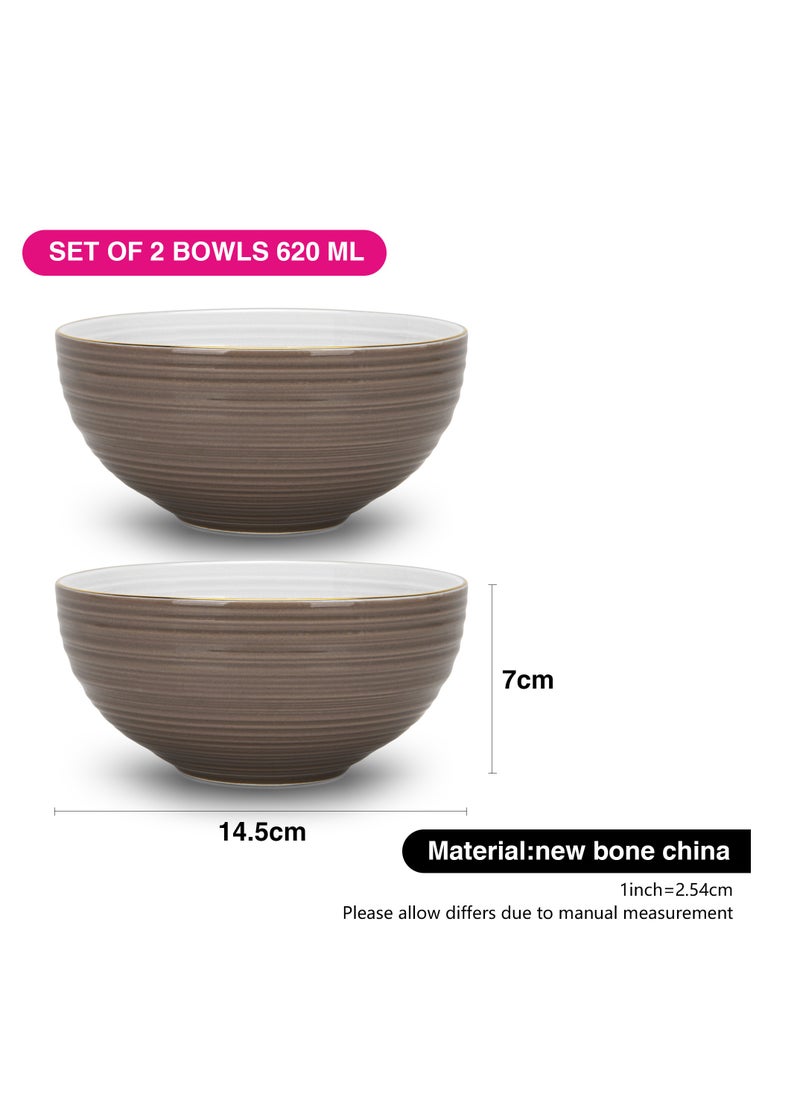 2-Piece Soup Bowl 620mL, Ceramic Bowls 14.5cm Firmina Series, Elegant Golden Rim Bowls, New Bone China Smooth Glossy-Finish Bowl for Soup, Salad, Pasta, Rice (Brown)