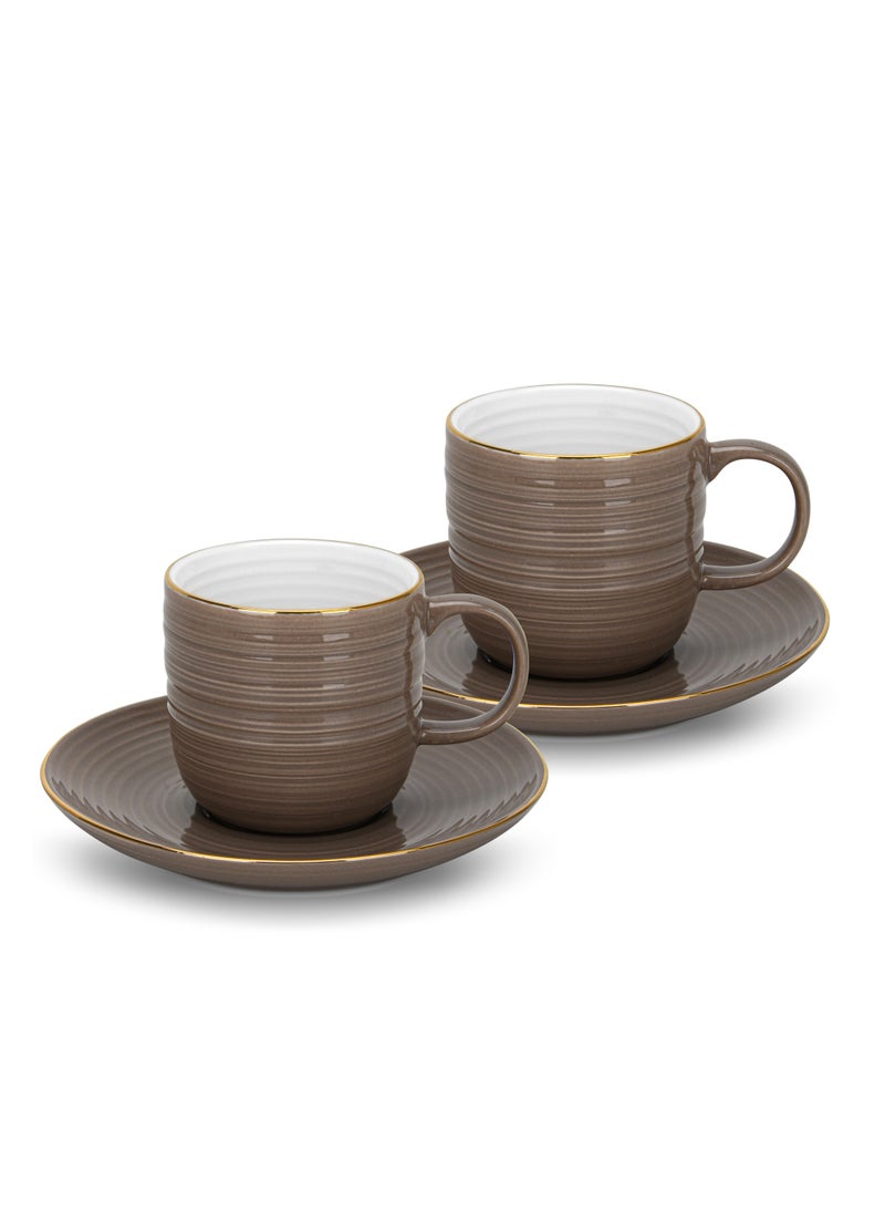 2-Piece Cup with Saucer 180mL, Firmina Series, Porcelain Glossy-Finish New Bone China Tea Cups with Handle, Elegant Golden Rims, Non-Slip Bottom (Brown)