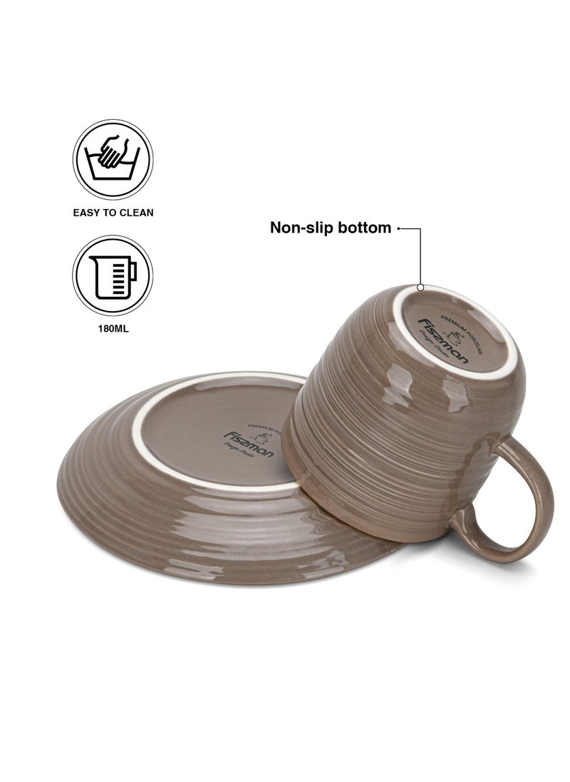 2-Piece Cup with Saucer 180mL, Firmina Series, Porcelain Glossy-Finish New Bone China Tea Cups with Handle, Elegant Golden Rims, Non-Slip Bottom (Brown)