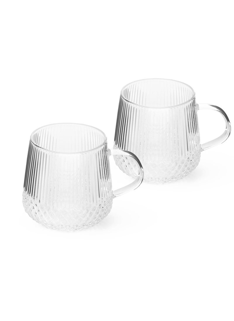 Glass Tea Cup 410mL Set of 2, Borosilicate Tumbler, Dishwasher and Microwave Safe Drinking Glasses, Vintage Embossed Transparent Tumbler for Juice, Beverages