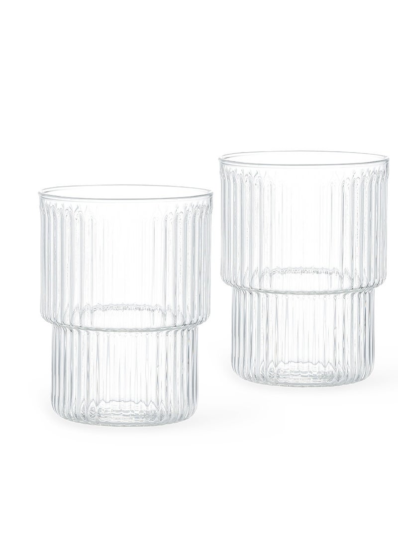 2-Piece Tumbler Glass 370mL, Borosilicate Tumbler, Dishwasher and Microwave Safe Drinking Glasses, Vintage Embossed Transparent Tumbler for Juice, Beverages