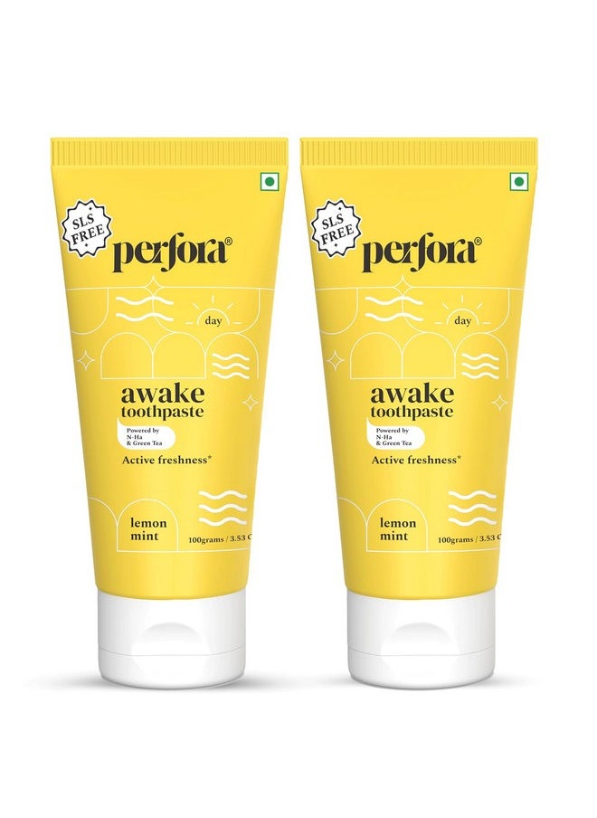 Perfora Awake Toothpaste | Active Freshness Cavity Prevention | Vitamin Enriched SLS & Fluoride Free Toothpastes | N-Ha For Teeth Remineralisation | Healthy Gums & Oral Care | Lemon Mint | Pack of 2