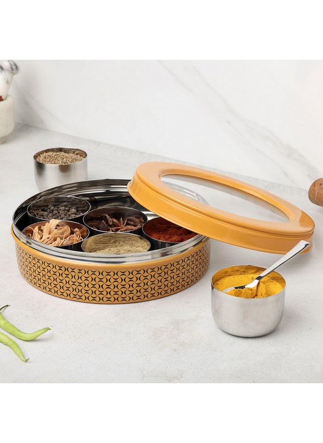 dudki 7 in 1 Stainless Steel Spice box for kitchen sturdy Masala dabba jar for Spices Seamless Design (Caramel Orange)