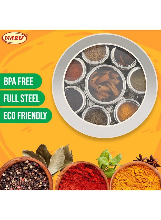 MARU 8 in 1 Stainless Steel Masala Box for Kitchen, Stylish Spice Box with See-Through Lid, Includes 8 Containers and 3 Spoons - Perfect Kitchen Masala Dabba, Dark Blue (20.5cms) Size 12
