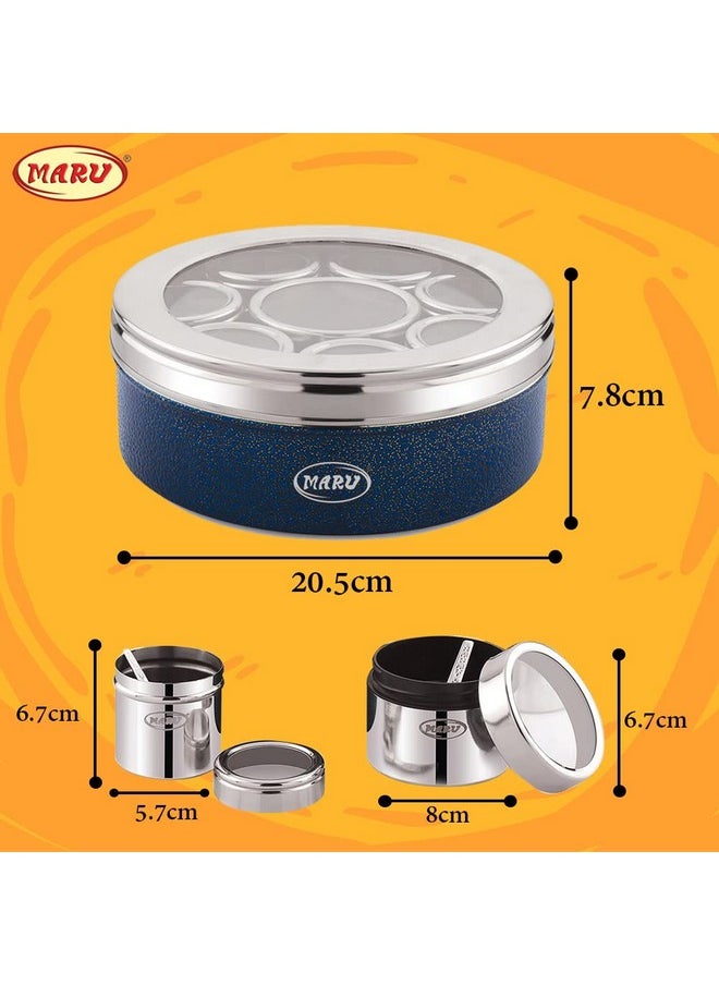 MARU 8 in 1 Stainless Steel Masala Box for Kitchen, Stylish Spice Box with See-Through Lid, Includes 8 Containers and 3 Spoons - Perfect Kitchen Masala Dabba, Dark Blue (20.5cms) Size 12