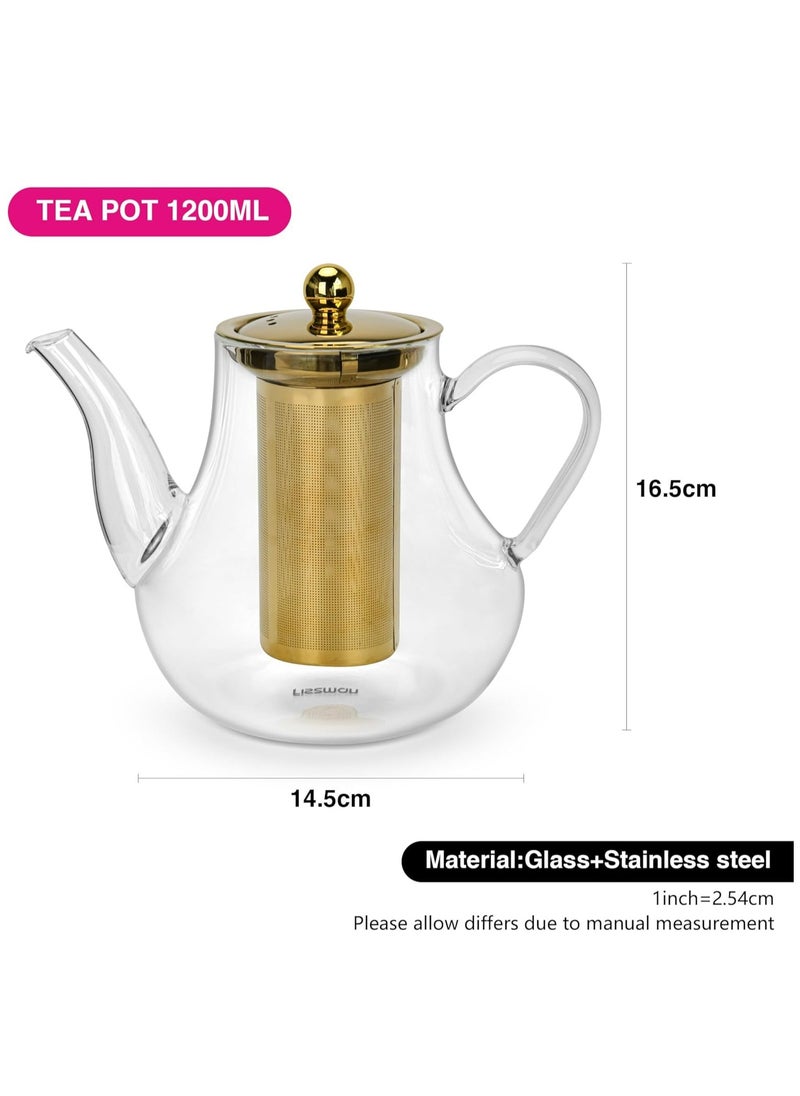 Glass Tea Pot with Stainless Steel Filter 1200mL, Borosilicate Glass Tea Pot Infuser, Great For Loose Leaf Tea, Blooming Tea, Tea Bags & Fruit Infused Water