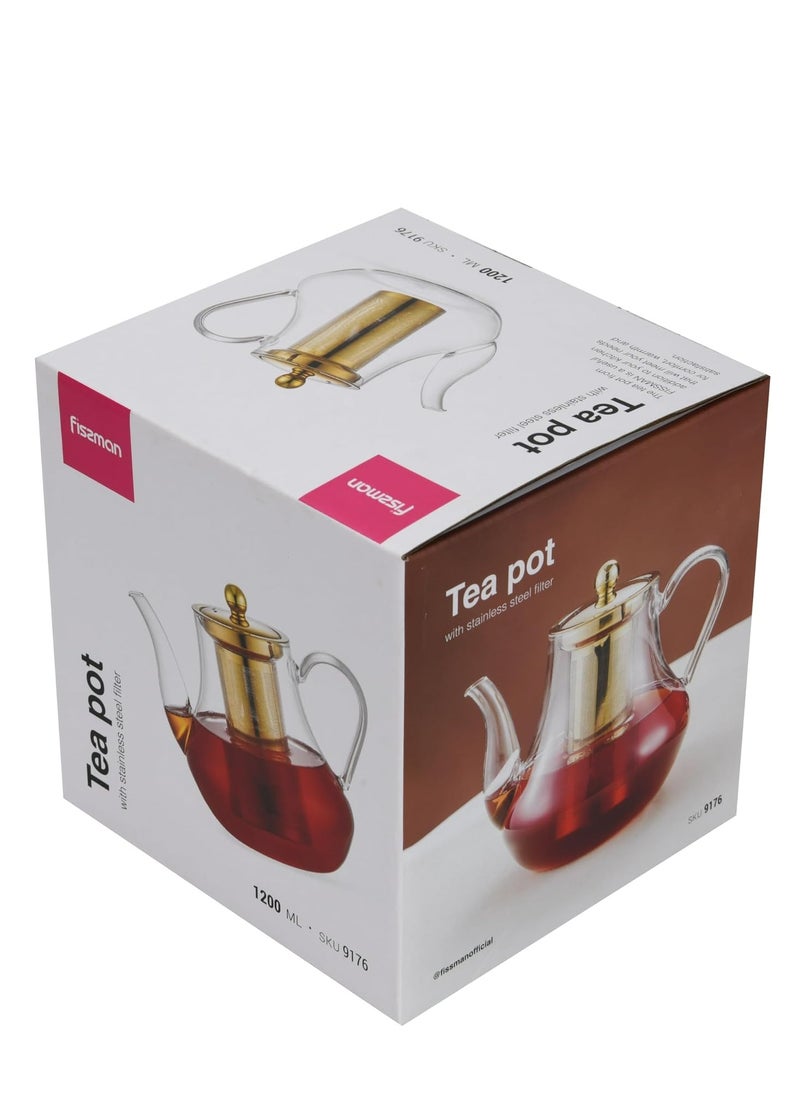 Glass Tea Pot with Stainless Steel Filter 1200mL, Borosilicate Glass Tea Pot Infuser, Great For Loose Leaf Tea, Blooming Tea, Tea Bags & Fruit Infused Water
