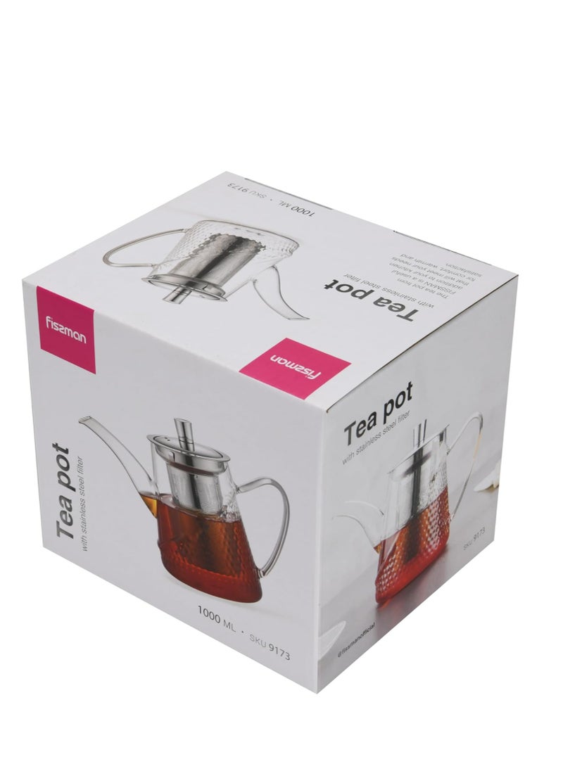 Glass Tea Pot with Stainless Steel Filter 1000mL, Borosilicate Glass Tea Pot Infuser, Great For Loose Leaf Tea, Blooming Tea, Tea Bags & Fruit Infused Water