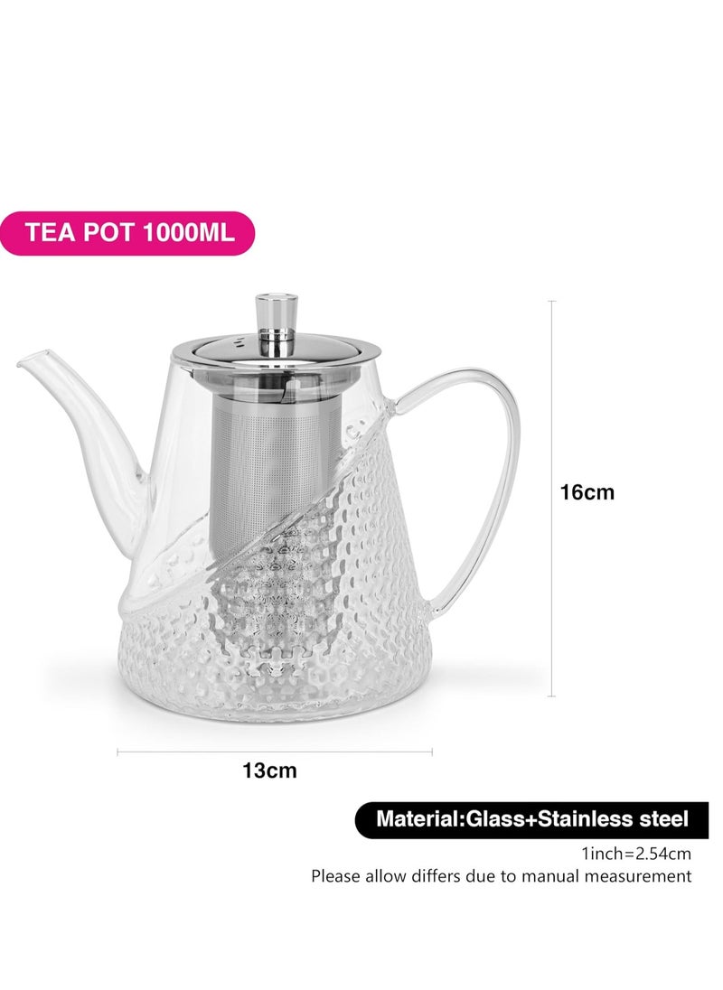 Glass Tea Pot with Stainless Steel Filter 1000mL, Borosilicate Glass Tea Pot Infuser, Great For Loose Leaf Tea, Blooming Tea, Tea Bags & Fruit Infused Water