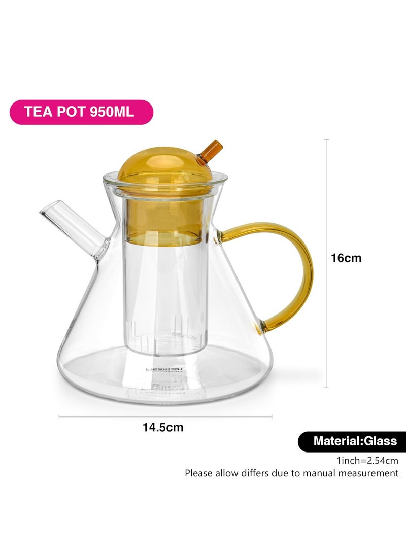 Glass Tea Pot with Glass Filter 950mL, Borosilicate Glass Tea Pot Infuser, Great For Loose Leaf Tea, Blooming Tea, Tea Bags & Fruit Infused Water