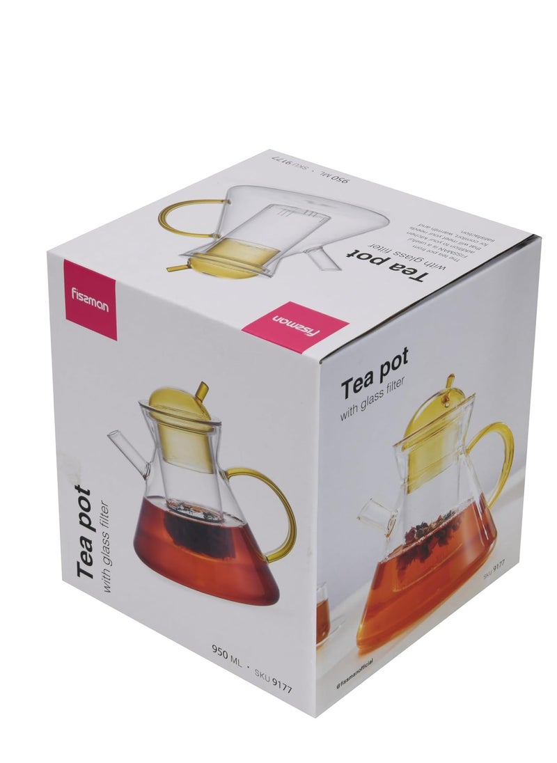 Glass Tea Pot with Glass Filter 950mL, Borosilicate Glass Tea Pot Infuser, Great For Loose Leaf Tea, Blooming Tea, Tea Bags & Fruit Infused Water