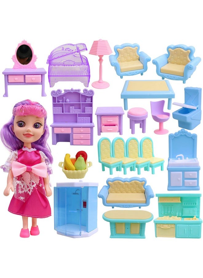 Toyshine Dollhouse Furniture Set 24 pcs Furnitures with 1 Doll, Dollhouse Accessories Pretend Play Furniture Toys for Boys Girls & Toddlers 3Y+