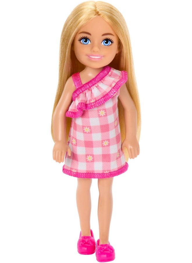 Barbie Chelsea Doll, Small Doll Wearing Removable Checked Dress & Pink Shoes with Blonde Hair & Blue Eyes