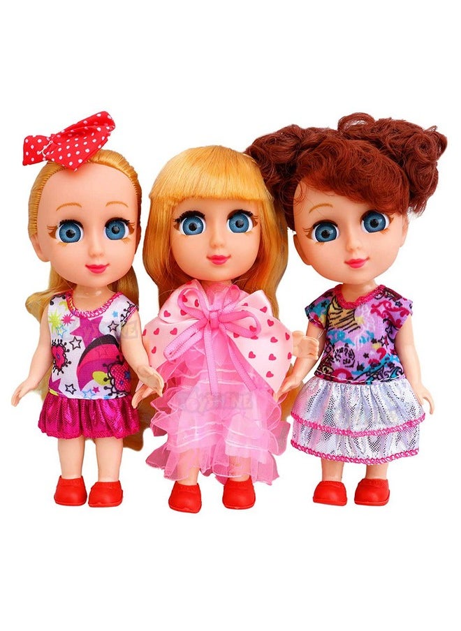 Toyshine Pack of 3 Cuties Doll Set for Kids, 6 Inches, PVC Non-Toxic Material, Assorted Dress Design