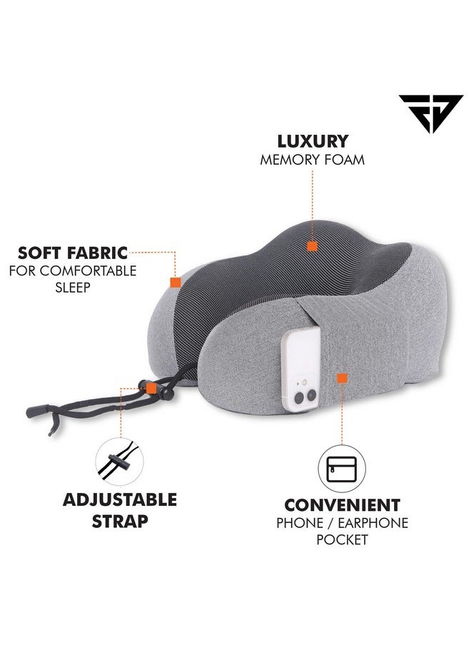 FUR JADEN Memory Foam Luxury Travel Neck Support Rest Pillow Eye Mask, Noise Isolating Ear Plugs Portable Combo (Grey)