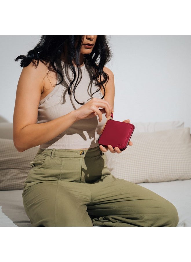 DailyObjects Crimson Red Women's Zip Wallet | Made with Vegan Leather Material | Carefully Handcrafted | Holds up to 8 Cards | Slim and Easy to Fit in Pocket | Coin Pocket with Button Closure