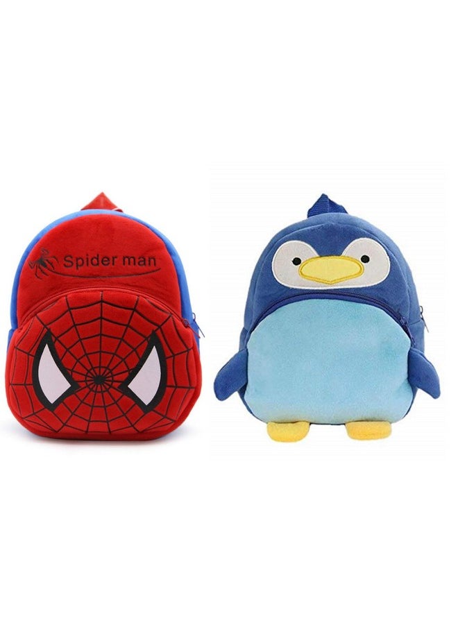 blue tree Kid's Soft Velvet Cartoon School Plush Combo Backpack,Mini Bag,Travel Bag for Baby Boy/Girl (Spiderman & Penguin)