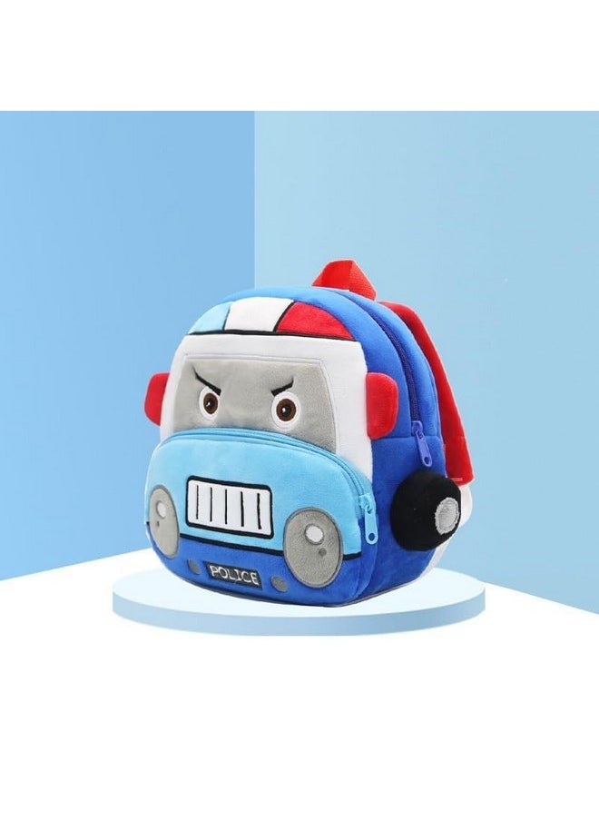 blue tree School Bag for Cute Kids for (1-6 Years), Embroidery Soft Plush Police Van Blue Bag for Toddlers, Cartoon Backpack for Baby Boys and Girls
