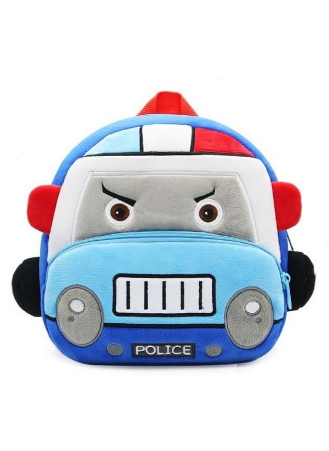 blue tree School Bag for Cute Kids for (1-6 Years), Embroidery Soft Plush Police Van Blue Bag for Toddlers, Cartoon Backpack for Baby Boys and Girls