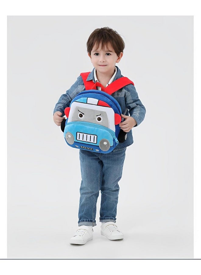blue tree School Bag for Cute Kids for (1-6 Years), Embroidery Soft Plush Police Van Blue Bag for Toddlers, Cartoon Backpack for Baby Boys and Girls