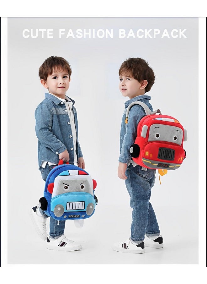 blue tree School Bag for Cute Kids for (1-6 Years), Embroidery Soft Plush Police Van Blue Bag for Toddlers, Cartoon Backpack for Baby Boys and Girls