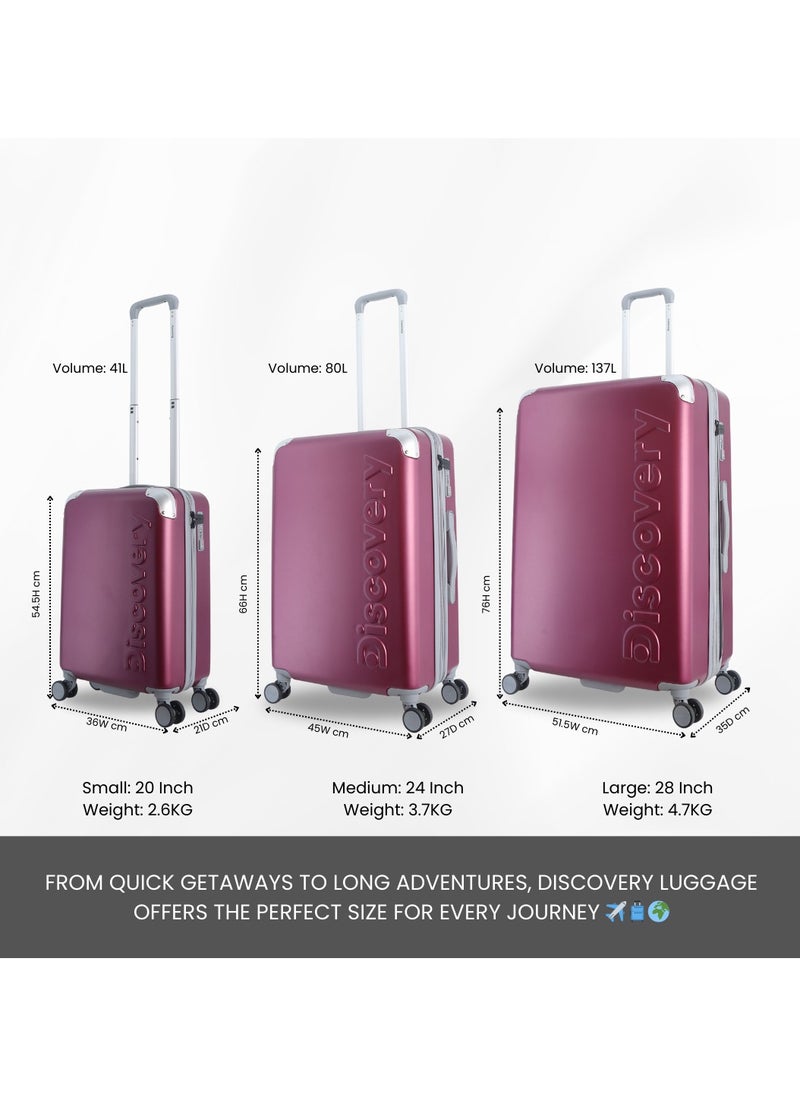 Discovery Focus ABS Hardside Travel Luggage Set, Durable Lightweight 4 Double Wheel Bag, Extra Secure Combination Lock Suitcase 3 Pcs, Expandable Trolley Small,Medium,Large(20+24+28 Inch) Purple