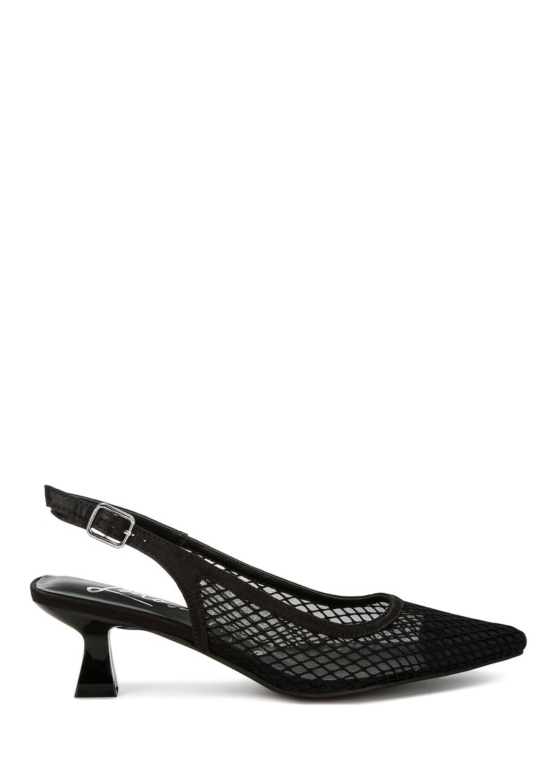 Mesh Pin Buckle Pointed Mules in Black