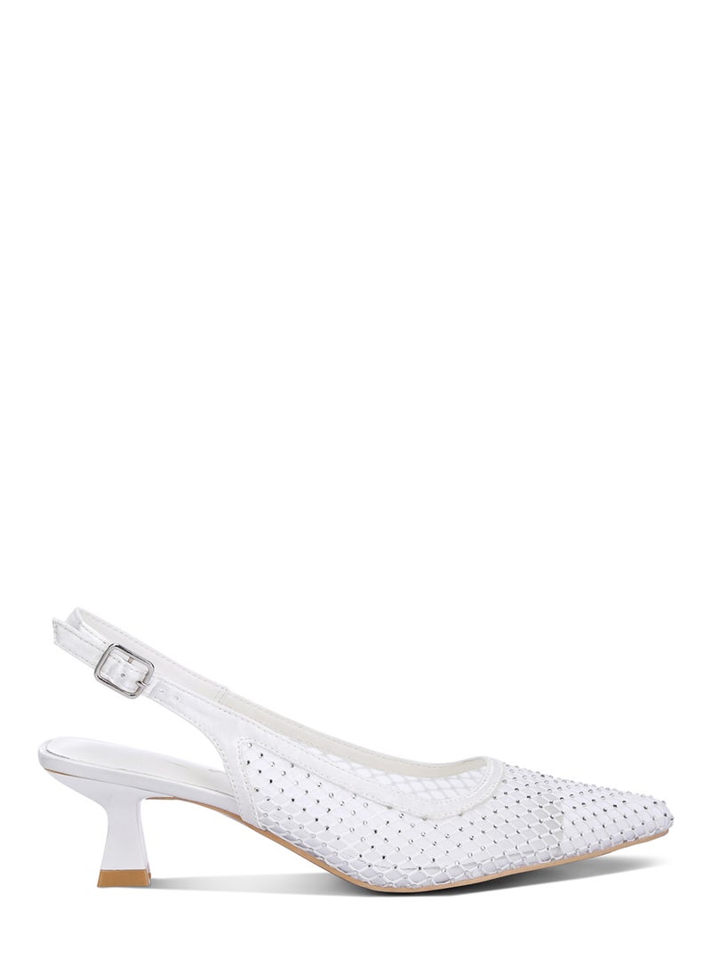 Rhinestone Embellished Slingback Mules in White