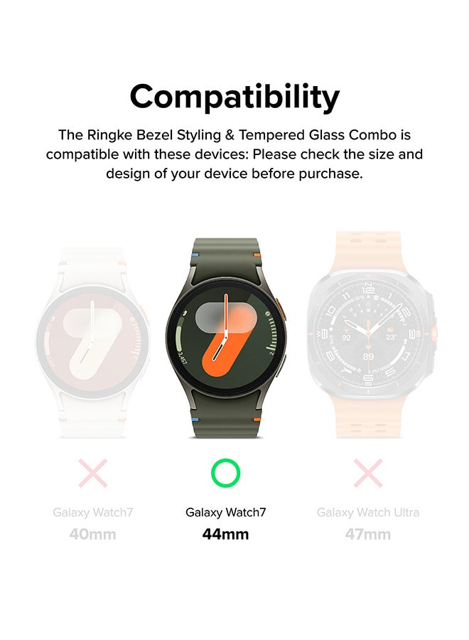 Bezel Styling And Glass Combo For Samsung Galaxy Watch 7 440mm Case, Anti Scratch Protector Adhesive Frame Ring Cover Accessory Full-Coverage Screen Protector- 44-02 - Clear