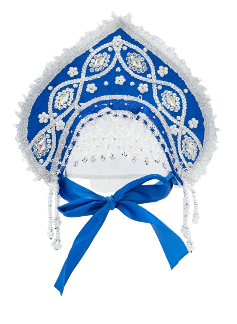 Women's Girls Traditional Headdress Kokoshnik Blue in a wave crest shape