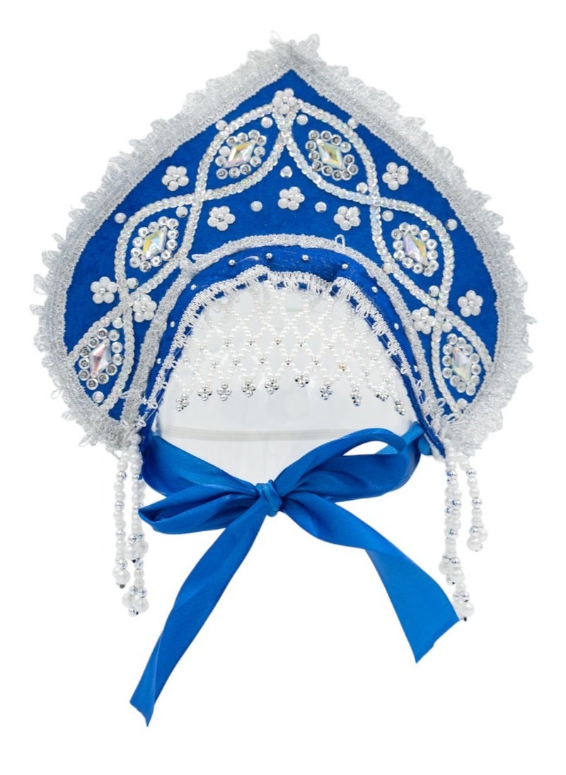 Women's Girls Traditional Headdress Kokoshnik Blue in a wave crest shape