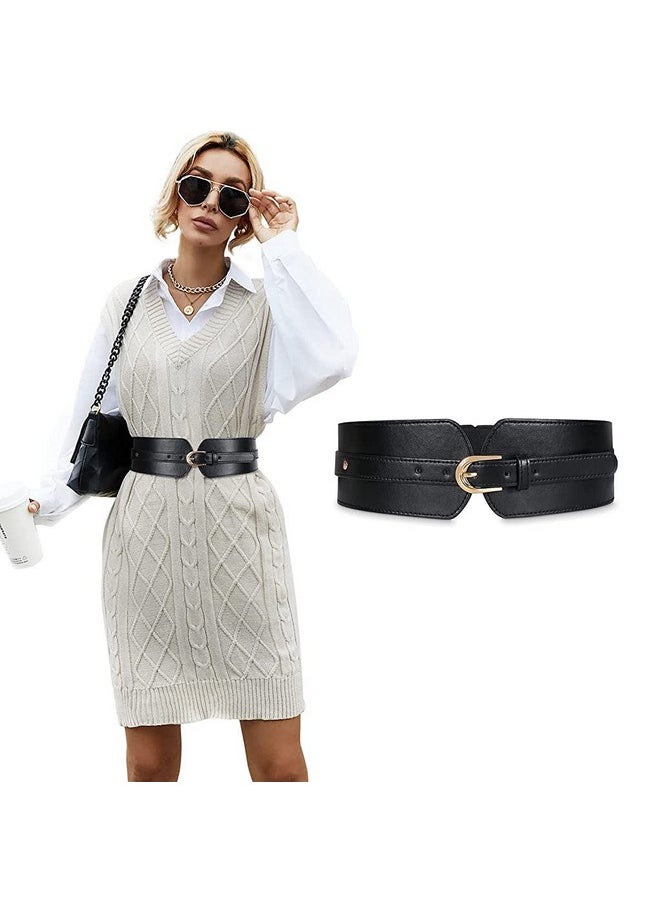 PALAY® Black Belt for Women Dress Stretchy Fashion PU Leather Wide Waist Belt Vintage for Dress Blouse Blazer -Fit Waist 23-33