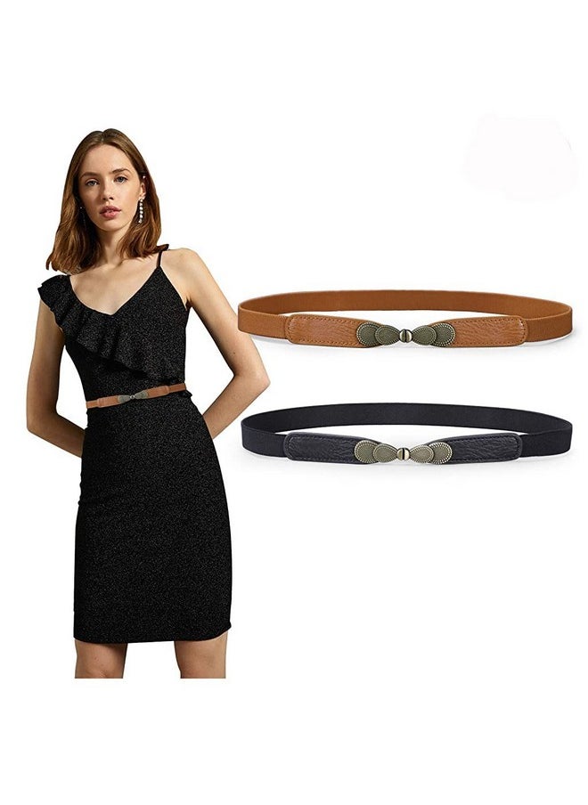 PALAY® Waist Belts for Women Dresses Stylish Leather Skinny Belt for Girls, Women Vintage Metal Buckle Retro Elastic Hip Belt Women Leather Belt Stretch Casual Belt for Women, (Black & Brown) - 2 Pcs