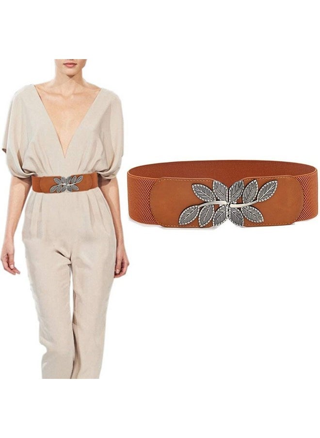 PALAY Brown Elastic Waist Belts For Women, Interlocking Buckle Belt For Dress Jumpsuit