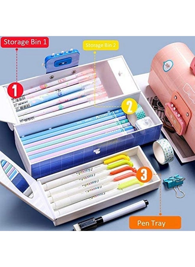 FAMOUS QUALITY Metal Pencil Box With Code Lock Pen Case Large Capacity Multi-Layer Multi-Function Storage Bag Secret Compartment Pencil Box - (Space Blue)