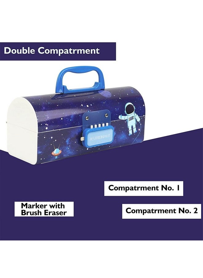 FAMOUS QUALITY Metal Pencil Box With Code Lock Pen Case Large Capacity Multi-Layer Multi-Function Storage Bag Secret Compartment Pencil Box - (Space Blue)